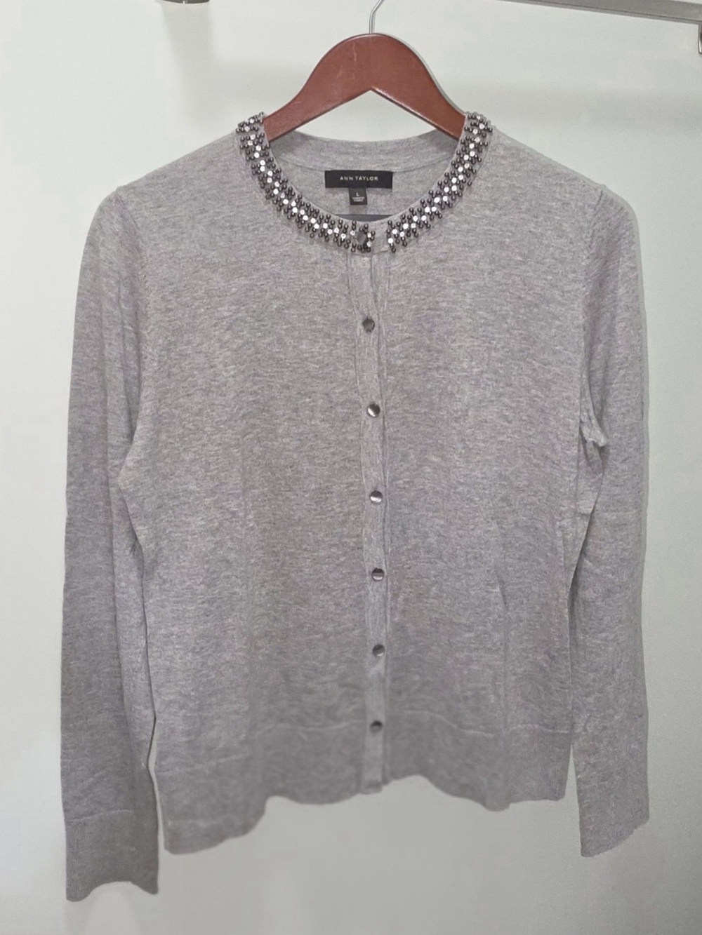 Ann Taylor Light Gray Jeweled Crewneck Cardigan